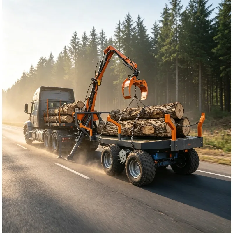 

360° Rotation Hydraulic Crane Log Trailer | Remote Control Grapple Timber Loader | Heavy Duty Wood Transport Trailer for Forestr