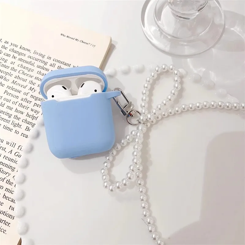 Dreamy Blue Silicone Earphone Case for apple AirPods Pro 2 Headset Box For AirPods 1/2/3 Cover With Cute Bow Pearl Keychain