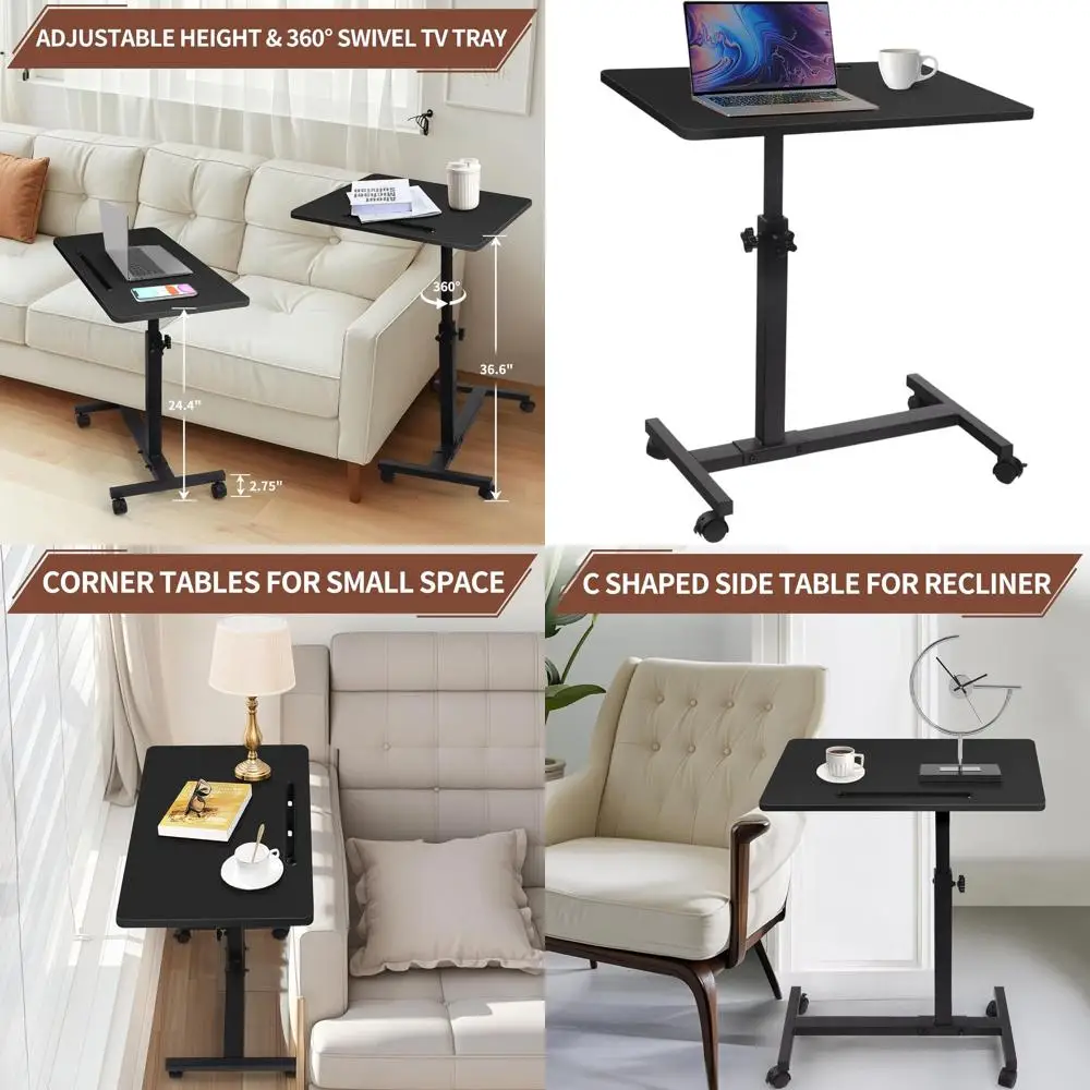 

Adjustable Swivel TV Tray Table for Couch, Compact 360° Rotating Side Table with Phone/Tablet Holder (Black, 22.8x13.7)