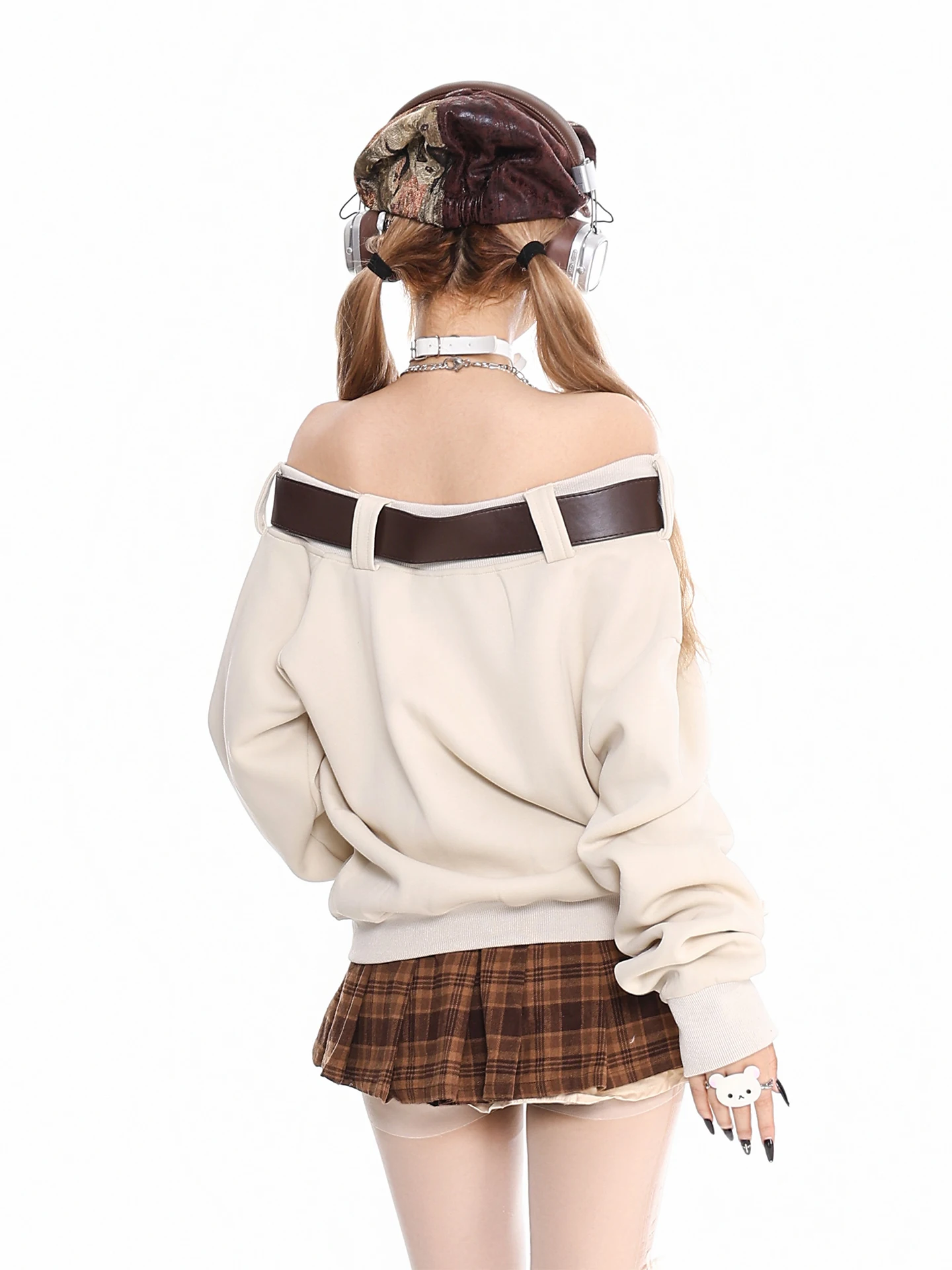 سترة بنية جديدة لربيع وخريف 2025 مزينة بحزام عاري الكتفين باللون الأبيض الكاكي سترة نسائية للتخسيس بلوزة فضفاضة للشوكولاتة #6