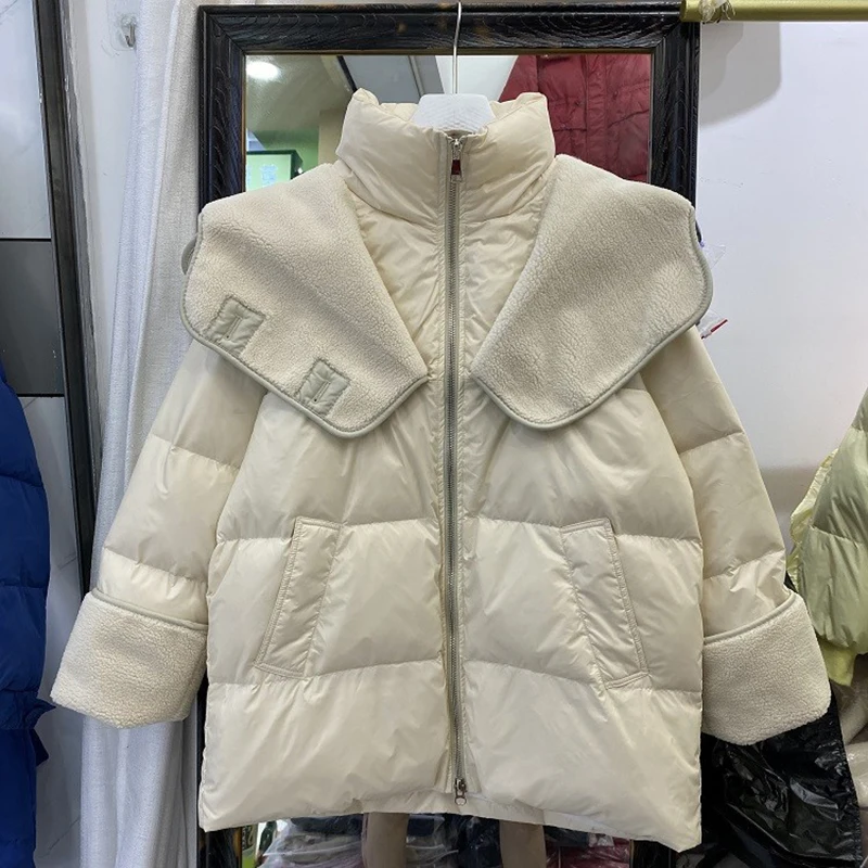 Winter Autumn Fashion Women Loose Padded Zipper Solid Color Jacket Hooded Collar Casual All Match Warm White Duck Down Coat