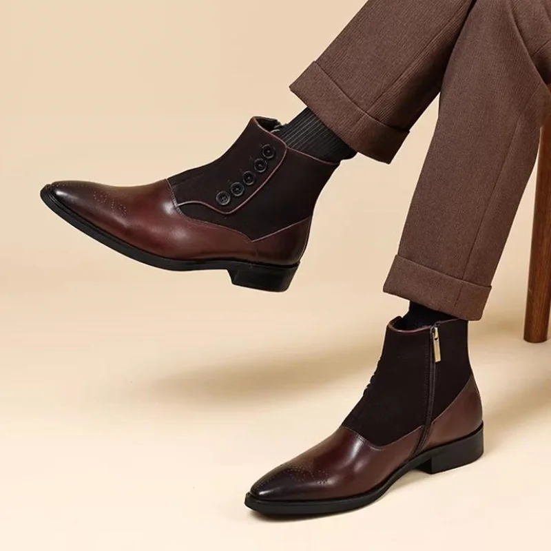 High-end Men's Cowhide Chelsea Boots Italian Men Knight Boots Man Dress Boots Buckle Button Work Boots Pointed Toe Shoes Men view 5