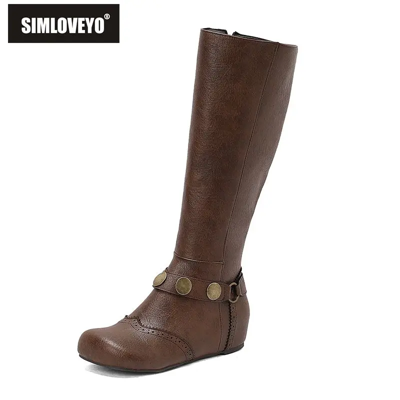 

SIMLOVEYO винтажные женские сапоги до колена с круглым носком и приподнятым каблуком 4 см, металлическая молния, большой размер 48 49 50, мягкая повседневная обувь