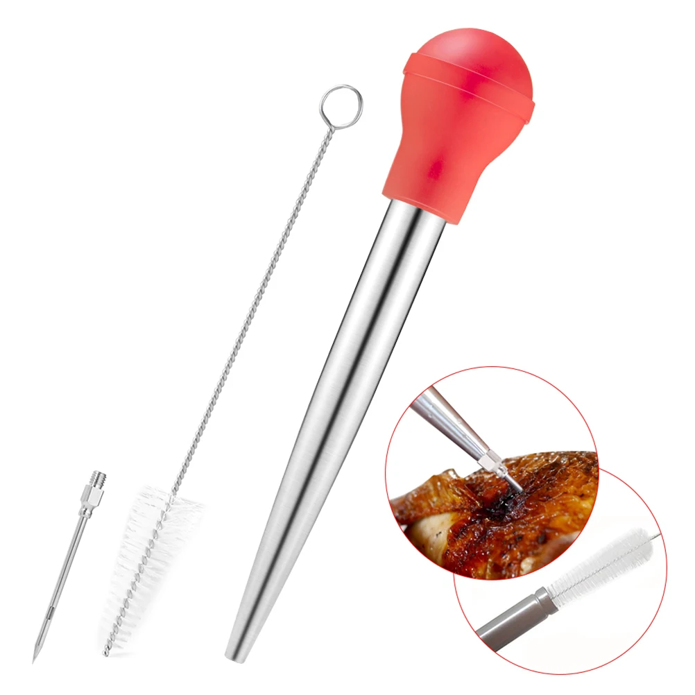 

4 Pcs Stainless Steel Seasoning Pump Set Silicone Bulb Basting Brush Injector Tube Barbecue Accessories For Roast Meat Red