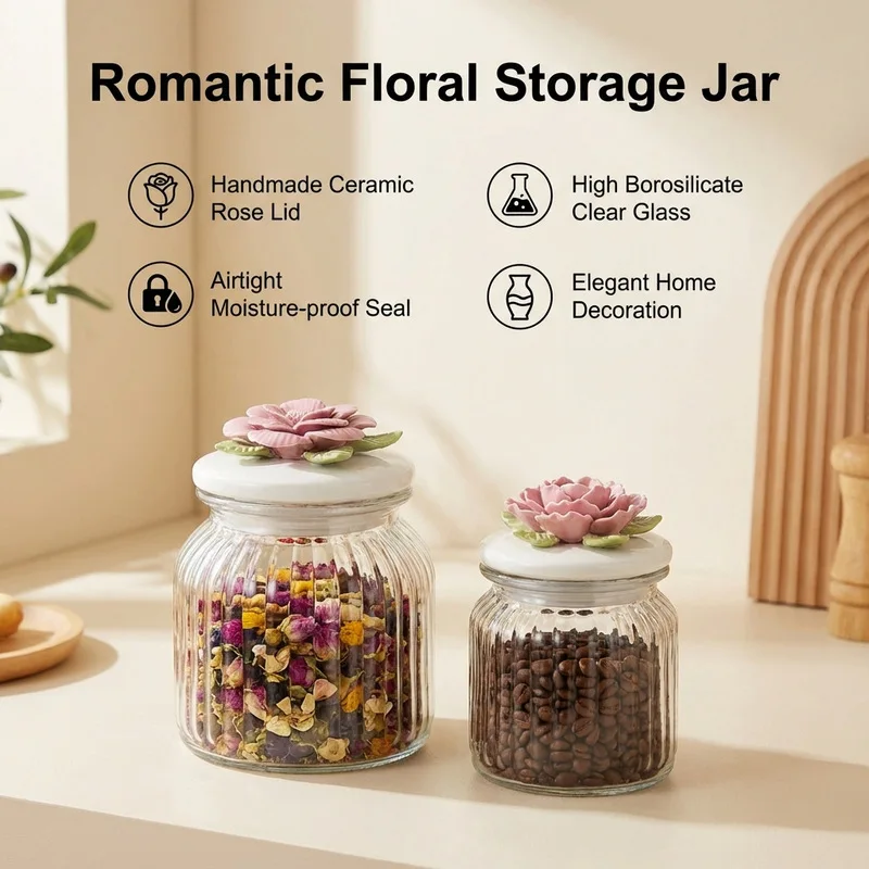 Kitchen Glass Storage Jars - Nordic Ceramic Gilded Porcelain Flower Glass Sealed Jars - Flower Jewelry Box Storage Jars