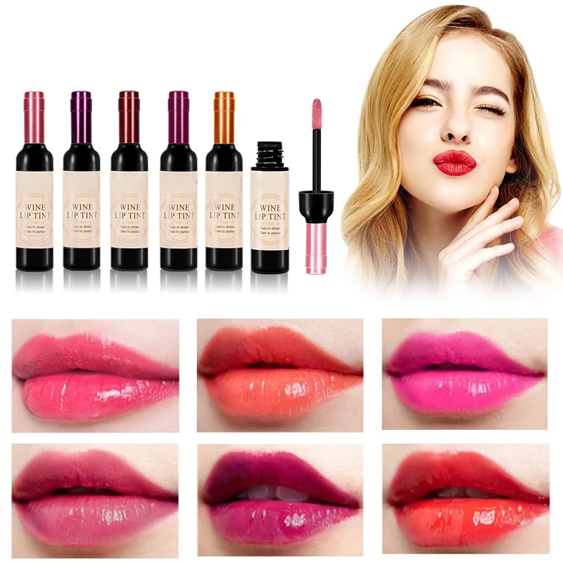 6 Stuks Wijn Lip Tint Lippenstift Set Wijnfles Lipgloss Waterdichte Langdurige Vloeibare Lipgloss Cosmetische Make-Up Voor Vrouwen Meisjes