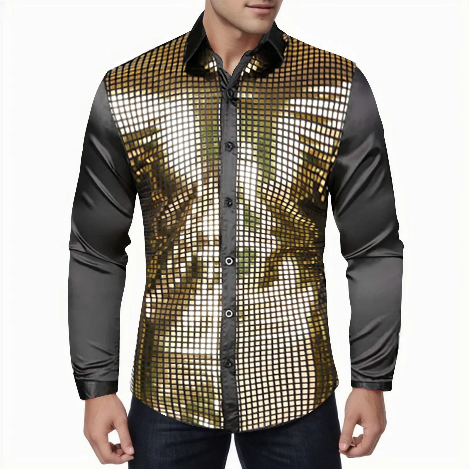 Men's Regular 70s Disco Shirts Metallic Sequins Long Sleeve Button Down Dress Shirts Nightclub Long Sleeve Shirt With Button