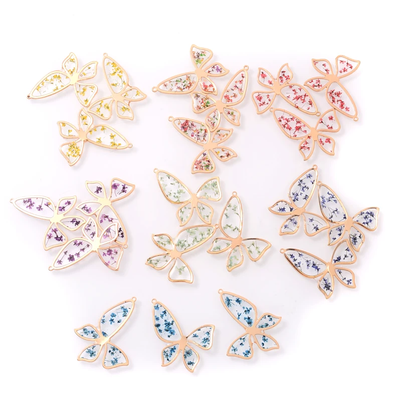 4Pcs Artificial Transparent Foil Butterfly Resin Pressed Dried Flower Drop Gel Plant Specimen Charms Pendant for Jewelry Making