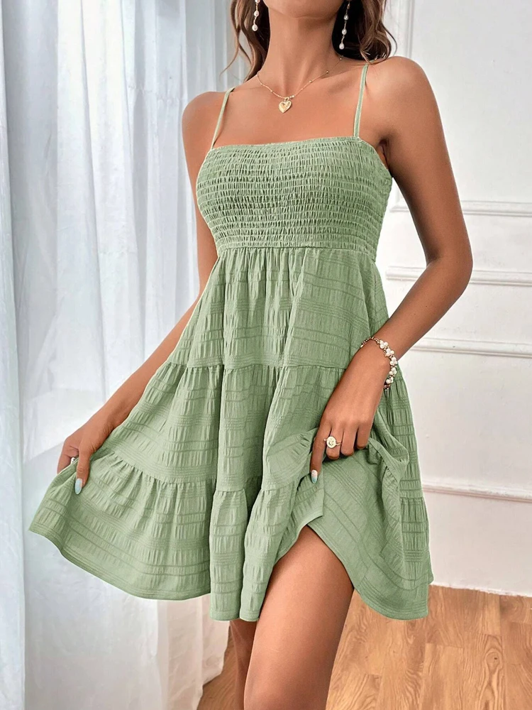 Mini abito casual senza maniche con volant da donna Boho Solid Beach Holiday Sundress Summer Fashion Chic Abito sexy con cinturino a fessura Donna