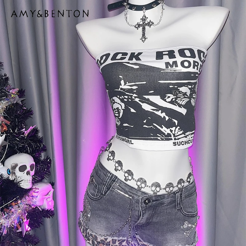 

Европейский и американский Y2K Hot Girl Subculture Женский жилет с принтом в стиле панк Готический темный универсальный рок-сексуальный топ без плеч для женщин