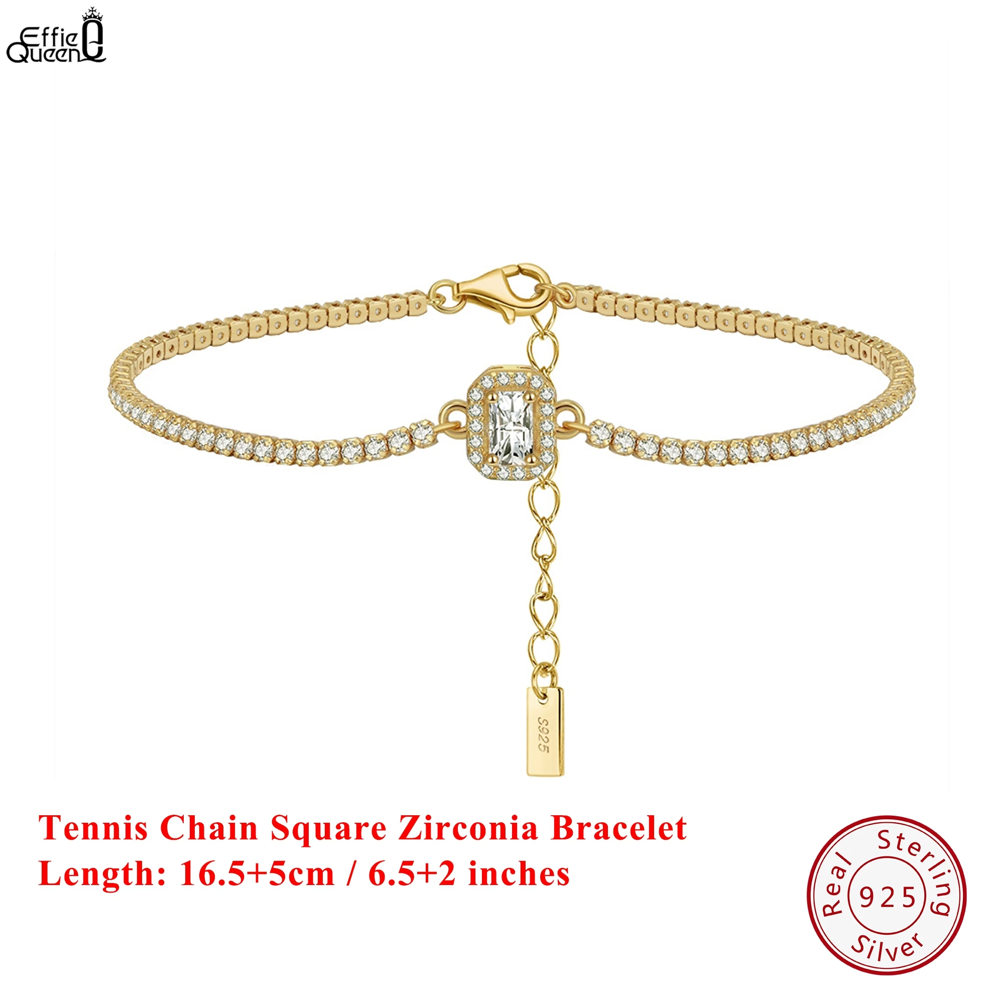 

EFFIE QUEEN 100% S925 Silver 14k Gold Square Cut Zirconia Tennis Chain Bracelet Fine Jewelry for Women Anniversary Gift SB142
