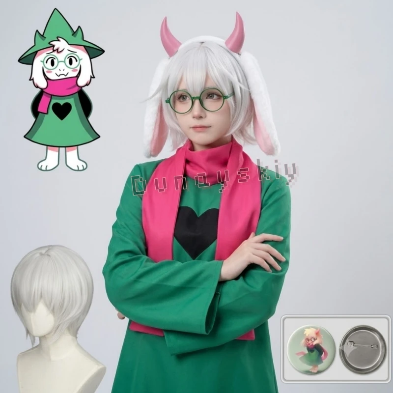 Prince Ralsei Perücken Hasenohren-Stirnband Brille Horn Grüne Robe Cosplay-Set Zauberer-Hut Outfit 58mm Abzeichen Halloween Deltarune