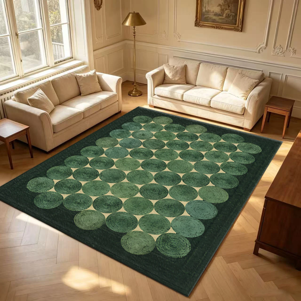 Dark Green Concentric Circle Geometric Pattern Carpet