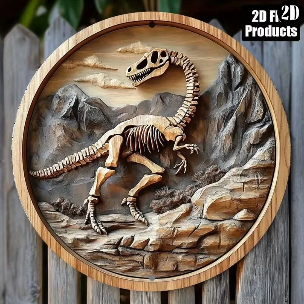 2D Flat，Metal Sign Dinosaur Fossil Skeleton Mountain Scenery Imitate Relief Wall Art Vintage Jurassic Home Man Cave Decor Plaque