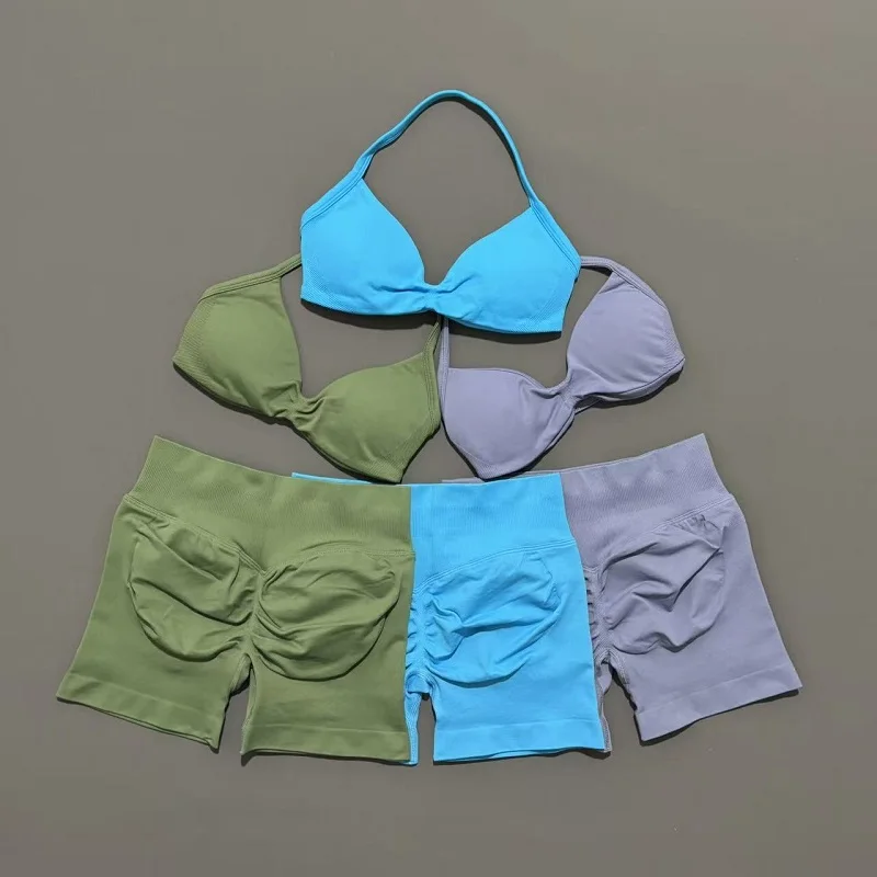 2-teiliges Sport-Gymnastik-Set mit Riemchen-BH, Yoga-Unterwäsche, kurze Sport-Leggings, Fahrrad, Laufen, Sportbekleidung, nahtloses Yoga-Set für Damen – Detail 5