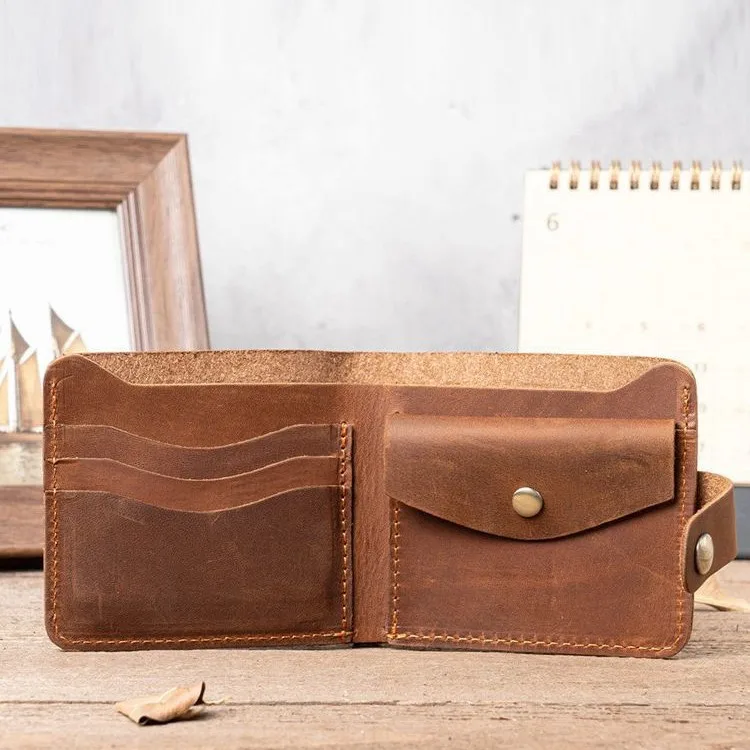 NT008 Men's Leather Short Wallet Button-Embroidered Thin First Layer Cowhide Simple Card Holder for Youth