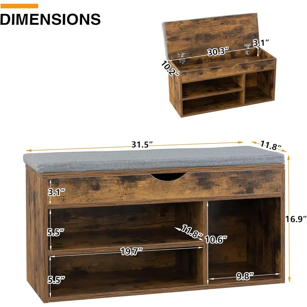 ブラウン＆グレーのパッド入り玄関靴収納ベンチ（ラック付き）