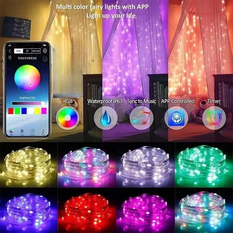 Bluetooth Copper Wire Fairy Lights, Sound Activated App Control, for Garden Outdoor Camping Christmas Holiday Decorations