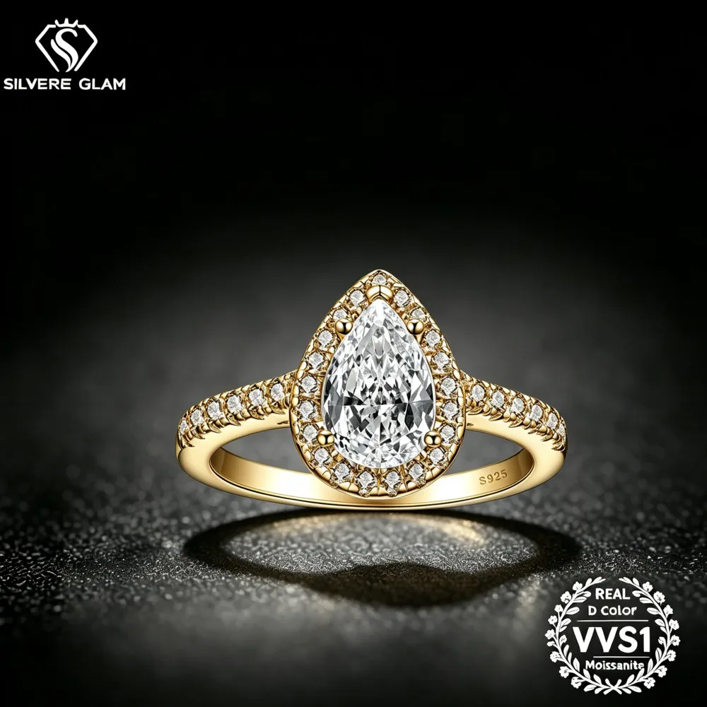 925 Sterling Silver 1.5CT Pear Cut Halo Ring D VVS1 Moissanite Multi Tone Romantic Engagement Fine Jewelry For Women