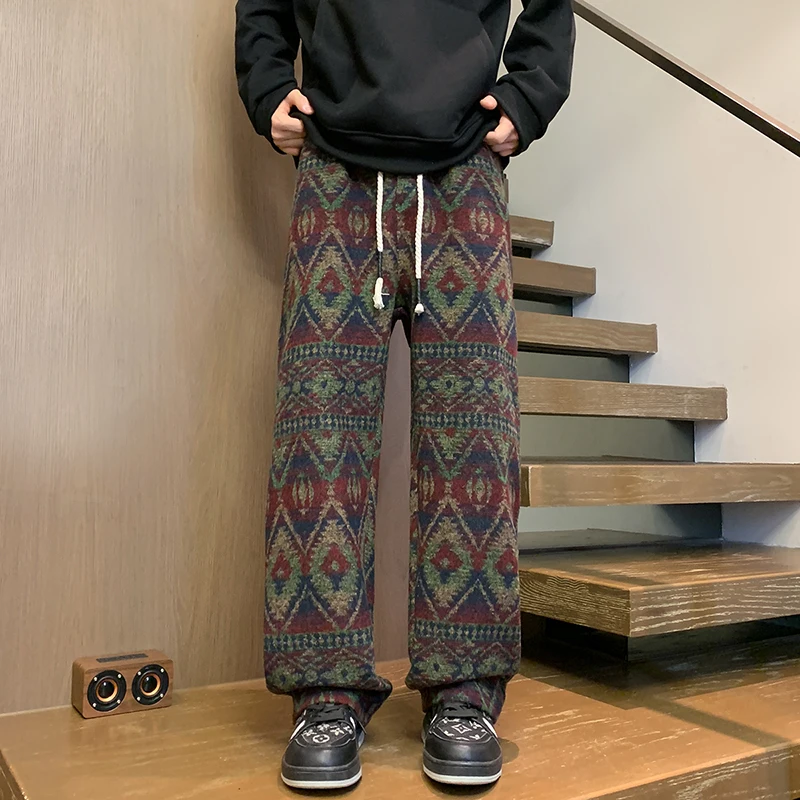 

Autumn Woolen Pants Men Warm Retro Plaid Knitted Pants Men Japanese Streetwear Loose Straight Pants Mens Vintage Trousers M-3XL