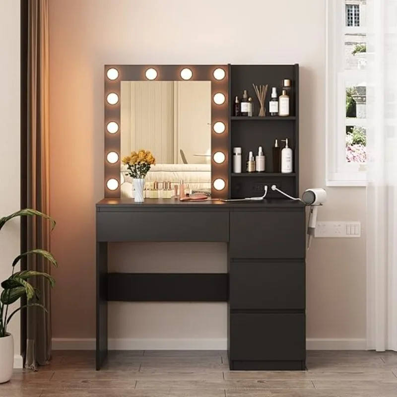 Makeup Vanity with Lights,Vanity Desk with Power Strip,4 Drawers Makeup Table with Lighted Mirror,3Lighting Colors,Black,37inch