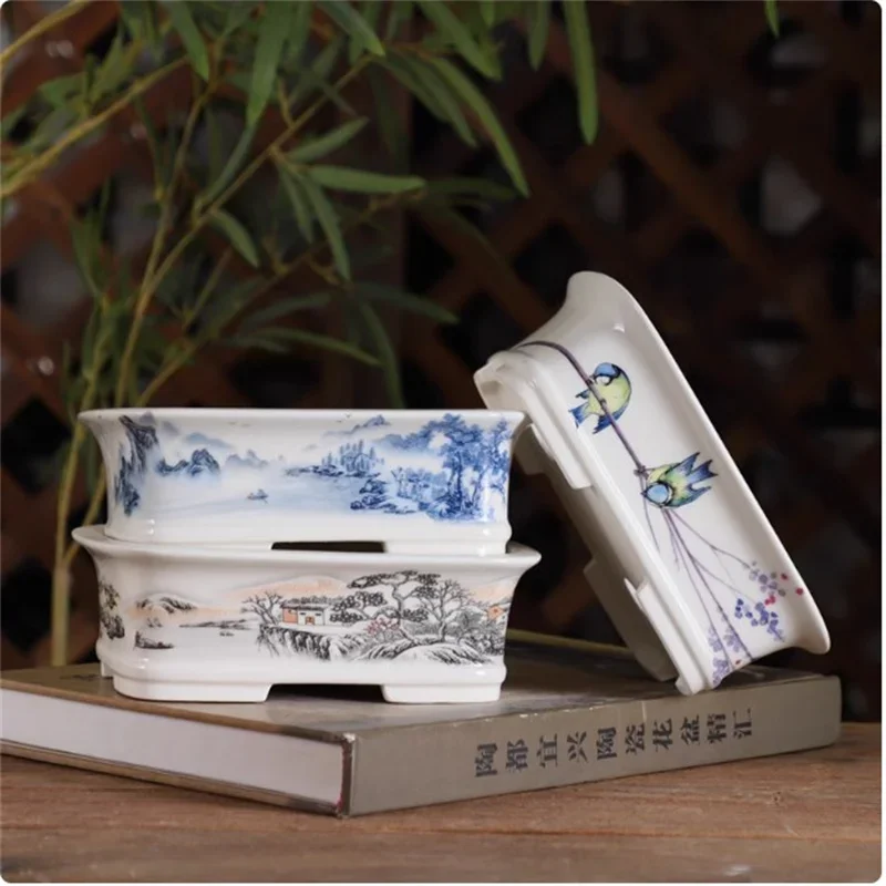 Porcelain Rectangular Bonsai Pot, Chinese Small Vase, Dormitory Cubicles, Desk Table, Garden Decoration