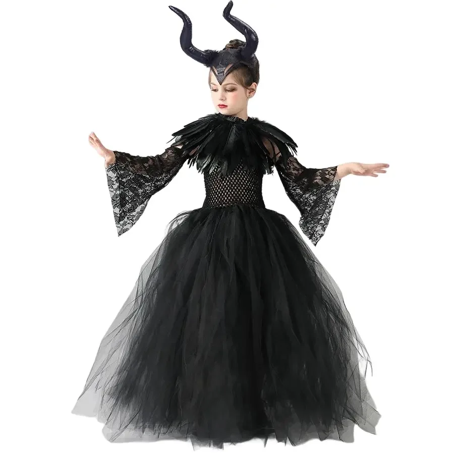 Girls Halloween Costume Maleficent Tutu Wednesday Dress For Girls Cosplay Evil Queen Black Mesh Princess Disfraz malefica niña