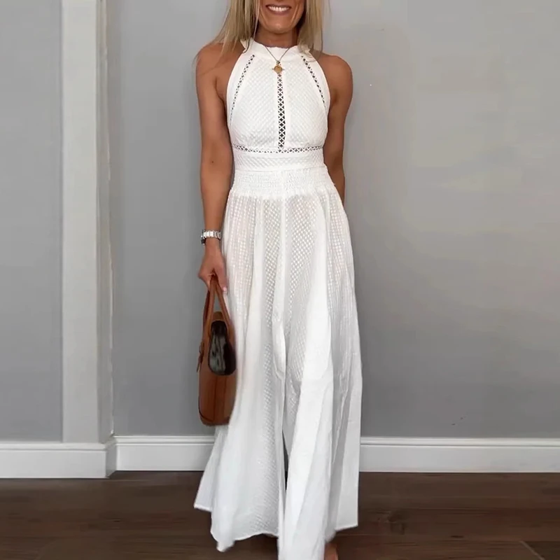 

Chic Sexy Hollow Out Boho Dress For Women Casual High Waist Pleated Long Dress Summer Backless Tie-up Sleeveless Vacation Dress