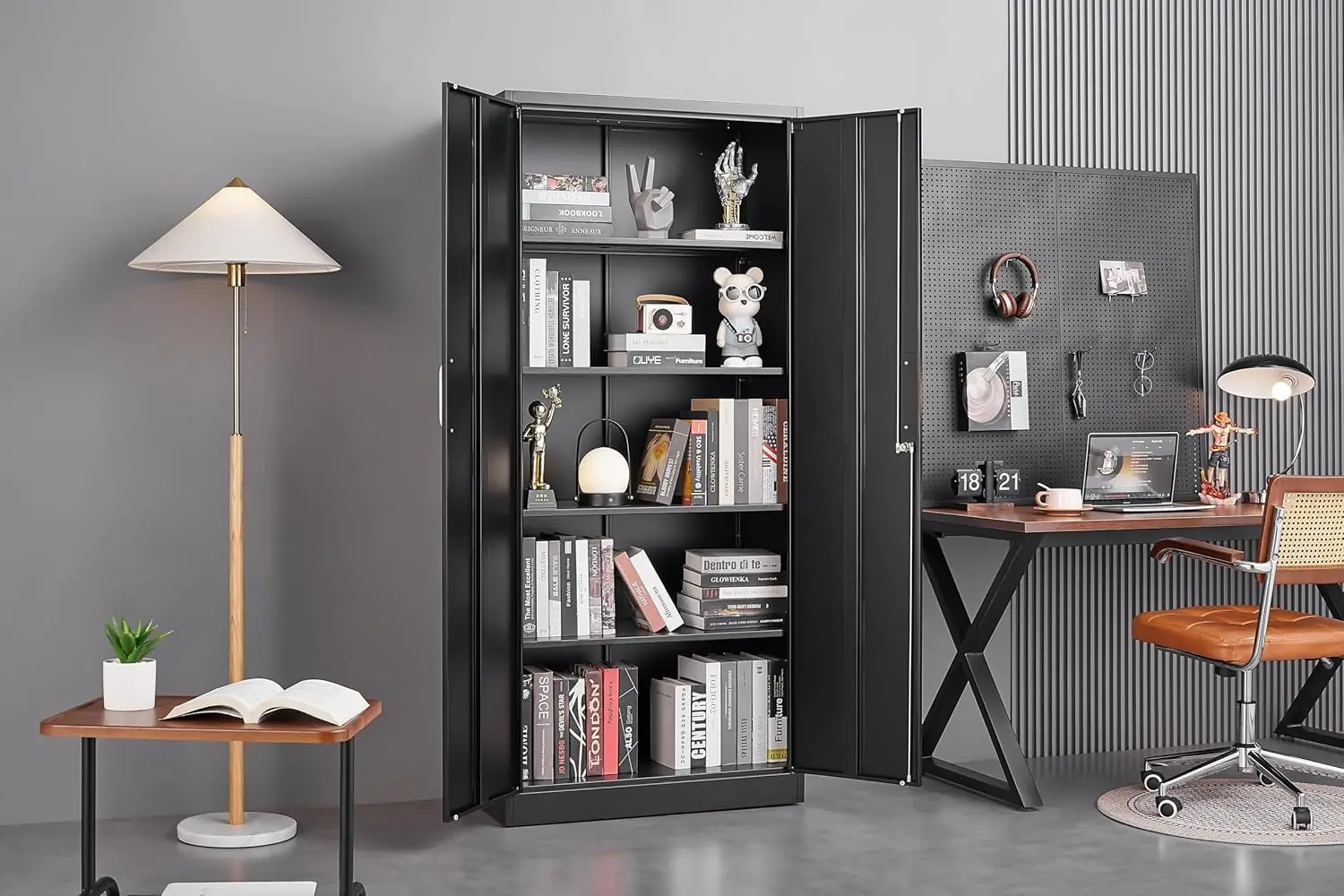 Metal Storage Cabinet With Adjustable Shelves Black Garage Cabinets With Doors And Shelves High Capacity File Racks For Home Office Tall Kitchen Pantry Locker Utility Storage Organizers view 7