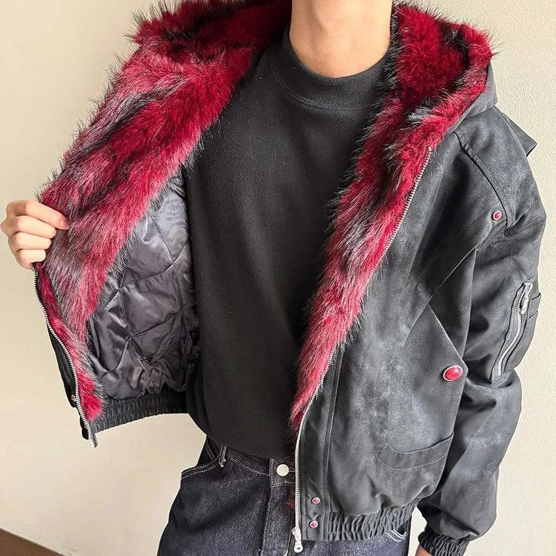 Wear-resistant Cotton Jacket Men's Hooded Coat Red Plush Collar American Vintage Matte PU Leather Thickened Winter Outerwear