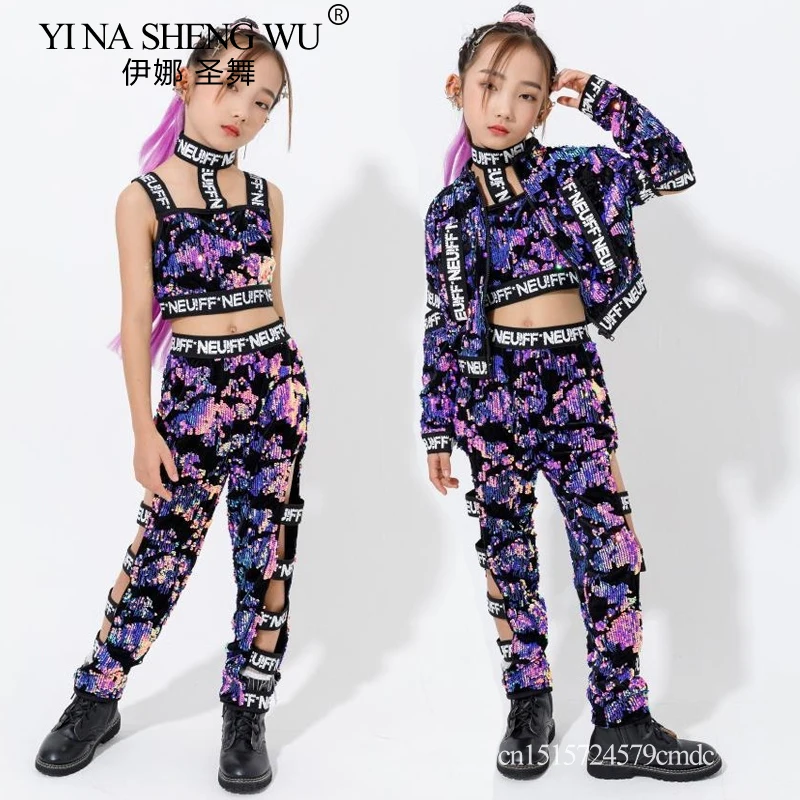 Girl Jazz Dance Purple Sequin Suits Street Hip Hop Dance Performance Costume Children T-Stage Model Show Fashion Jacket Suit