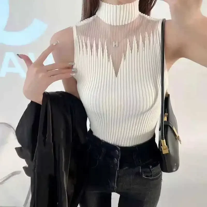 

Pop Mesh Knitted Top Women Y2K Tank Top Half Neck Vest Female Sleeveless Sweater Chic Cut Out Streetwear Solid Skinny White