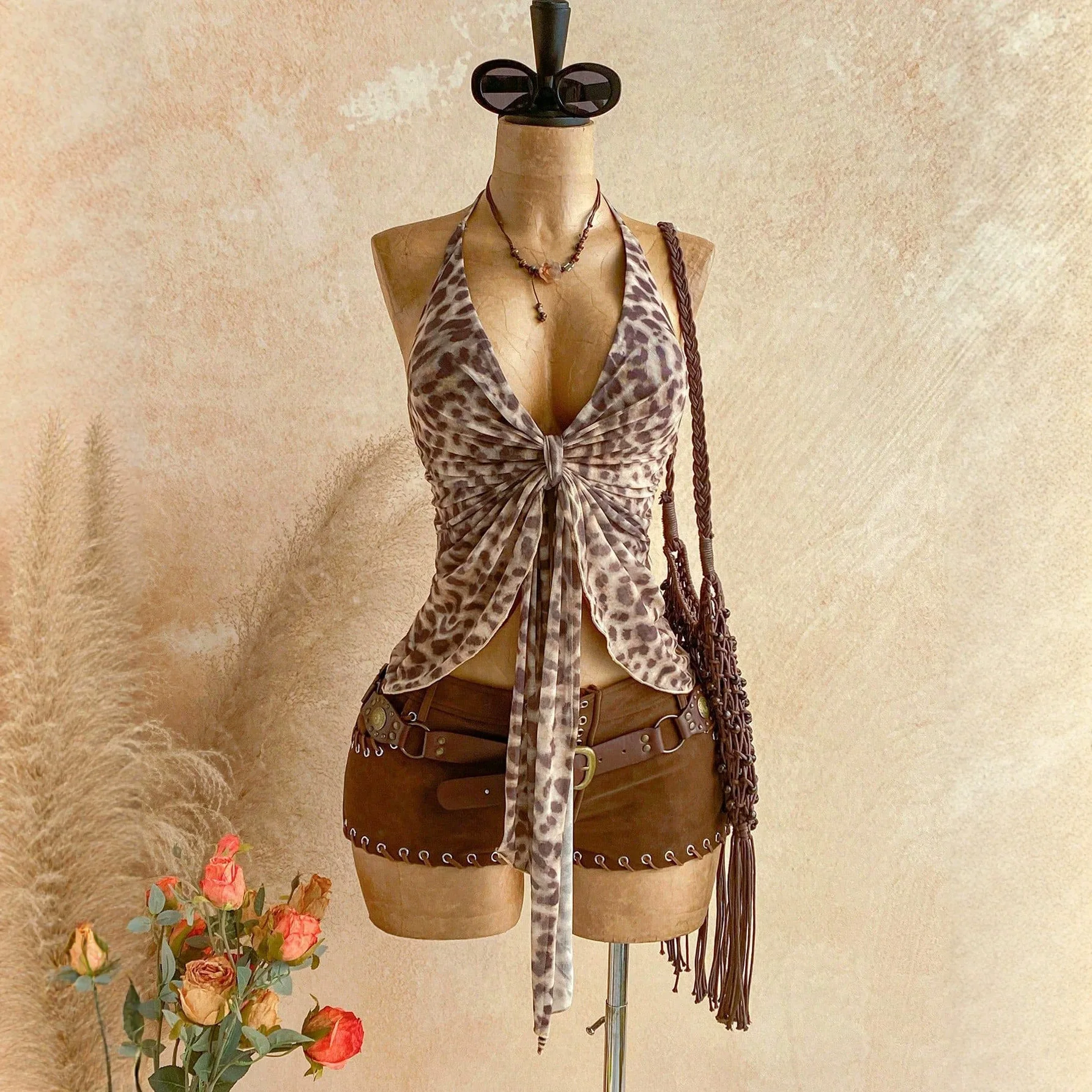 

2026 Summer Beach Vacation New Sexy Tight Leopard Print Strapless Halter Neck Top With Ribbons