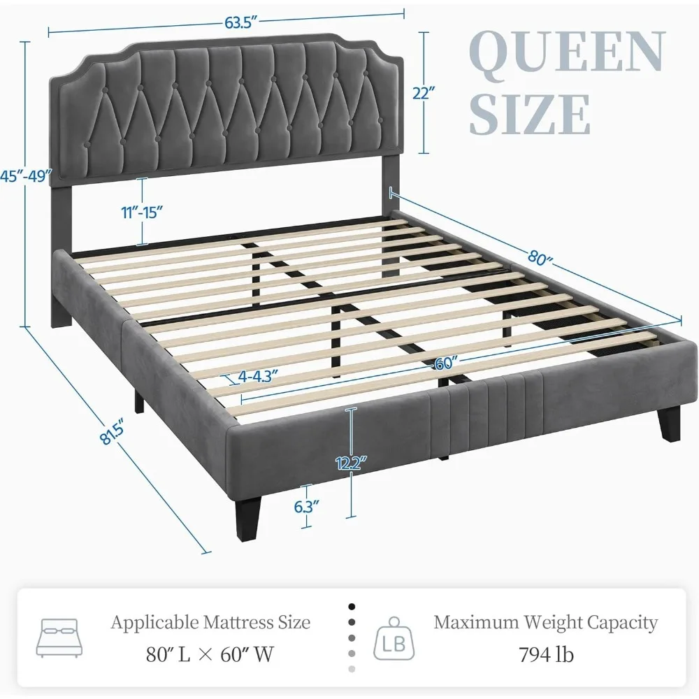 Queen Bed Frame Velvet Upholstered Platform Bed with Curved Headboard,No Box Spring Needed/Easy Assembly, Dark Gray Queen Bed