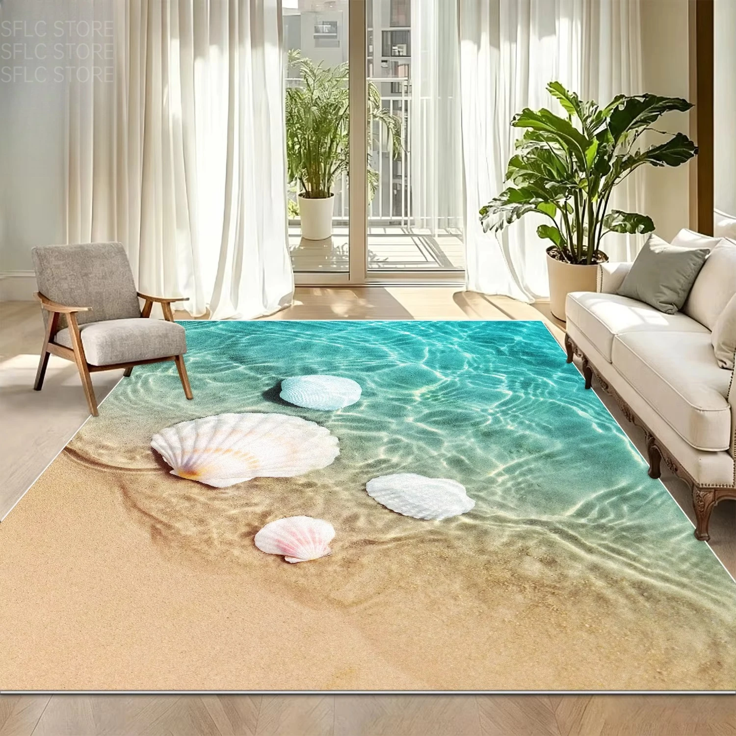 Summer Seaside 3D Pattern Living Room Mat Soft Washable Bedroom Anti Slip Carpet Short Velvet Easy Clean Study Decoration Rug