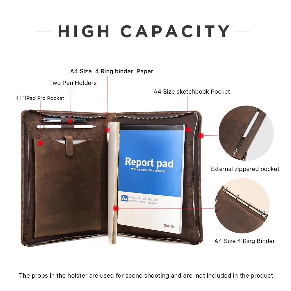 xury Retro A4 Cowhide Business Leather Portfolio with 4 Ring Binder Sketchbook Paper Pen Holder Ipad 11 pro Zipper Travel Case