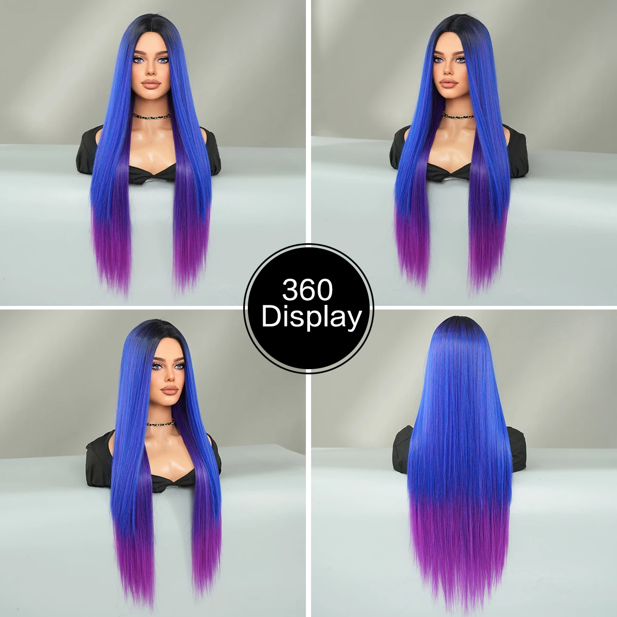 NAMM Synthetic Long Straight Wigs For Women Blue purple gradient Daily Party Use Dark Roots High Density Layered Hair Wigs