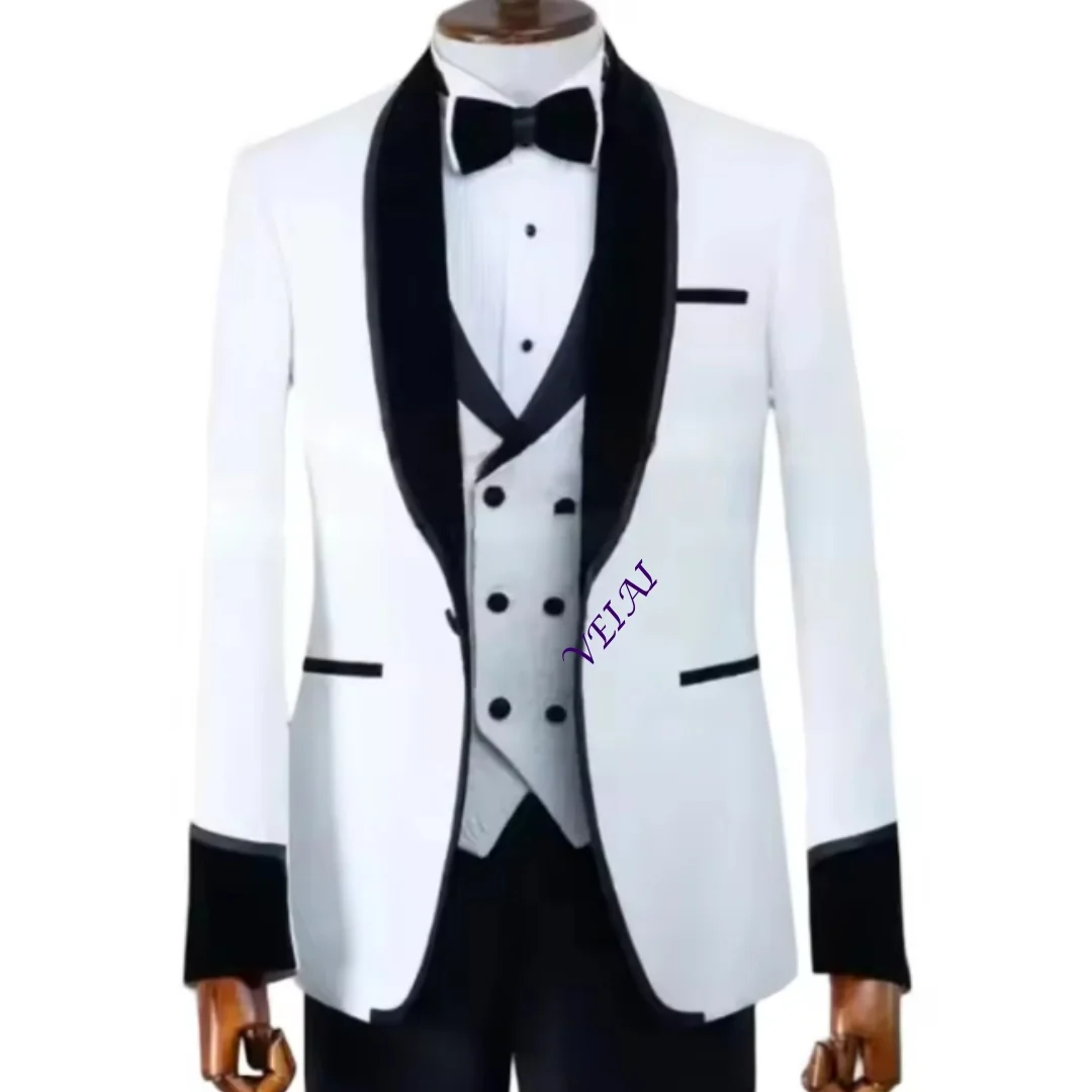 CustomizedFloral Wedding Groom Tuxedos Custom Made Formal Men Suits Black Shawl Lapel Jacket Vest Pants 3 Pcs Formal Banquet