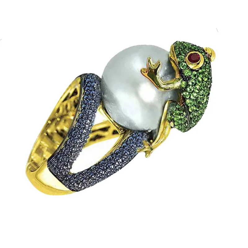 Trendy Creative Lovely Frog Animal White Simulated Pearl Female Ring For Women Party Jewelry Accessories Size 6- 10