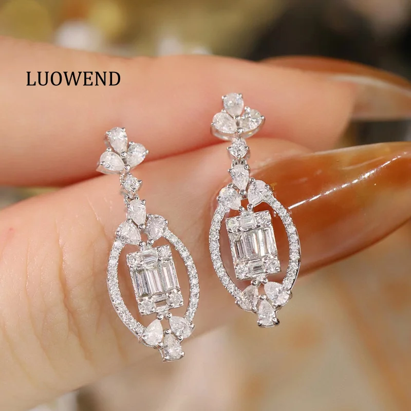 

LUOWEND 18K White Gold Earrings Vintage Palace Style 1.0carat Real Natural Diamond Drop Earrings for Women High Party Jewelry