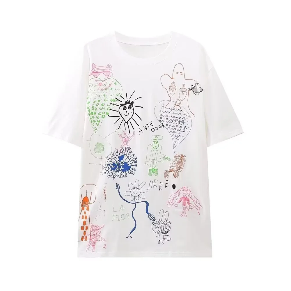 

2024ZAR * Spring/Summer New Women's Loose Contrast Graffiti Picture Print White Short sleeved T-shirt