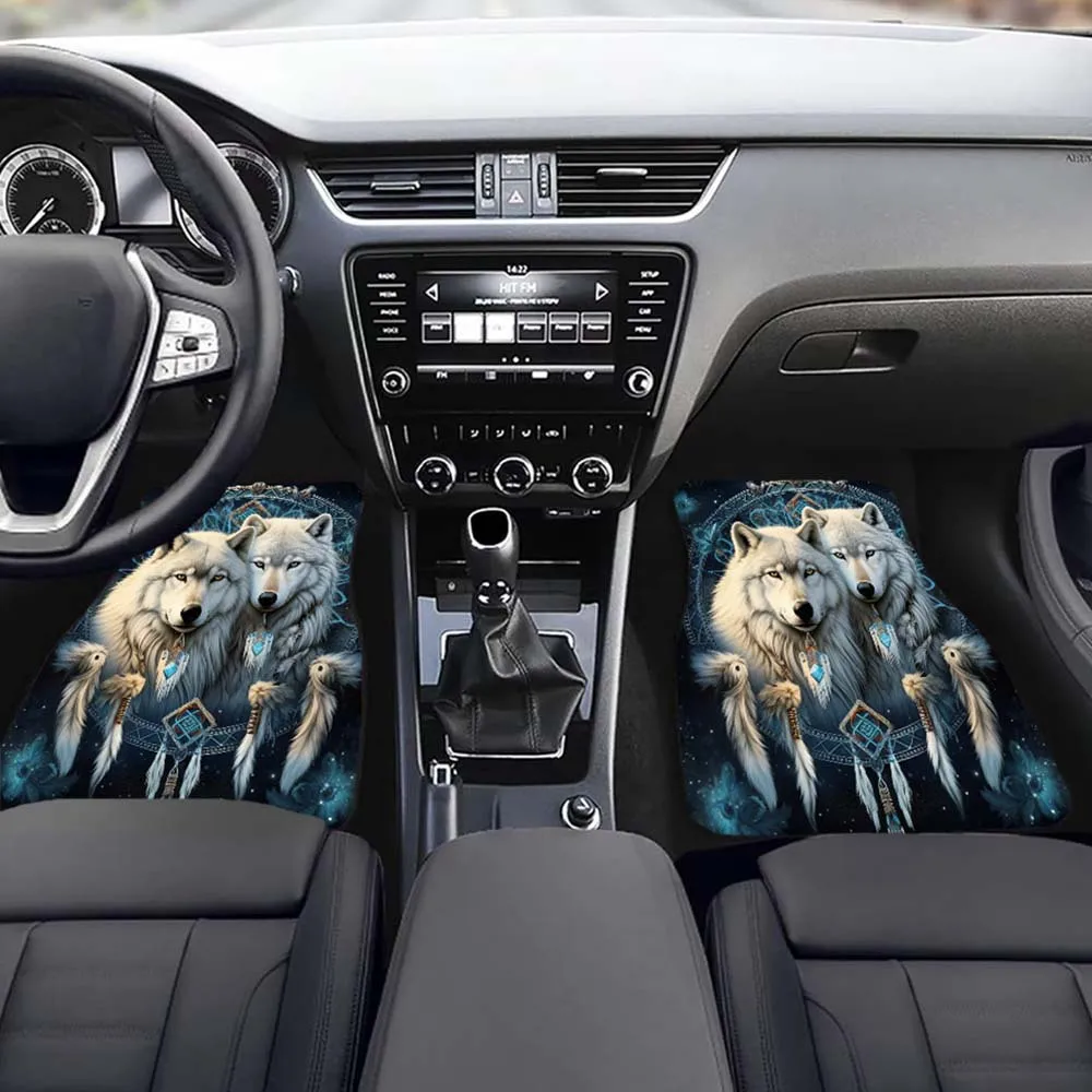 Full Coverage Car Floor Mats - Wolf Pack & Dreamcatcher Tribal Design In White & Blue, Non-Slip Backing, Crystal Velvet Interior