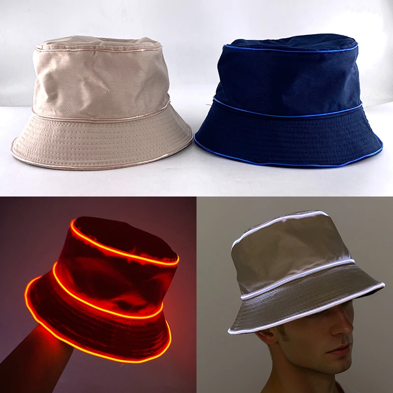 Unisex Solid Foldable LED Neon Light Bucket Hat Outdoor Sunscreen Hat Panama Caps Outdoor Beach Sunhat Fisherman Cap