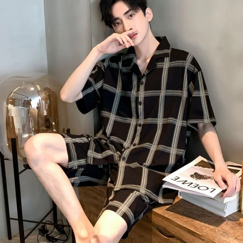 Sleepwear Men Short Sleeve Shorts Pajama Sets Plaid Big Size Pajamas Cotton Loose Sweatshirt Two Piece Suit Summer