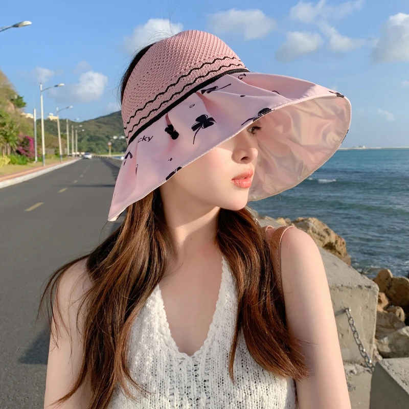 Summer Women's Printed Empty Top Hat Versatile Outdoor Travel Shopping Beach Sun Protection Hollowed Decorative Cap MZ1619