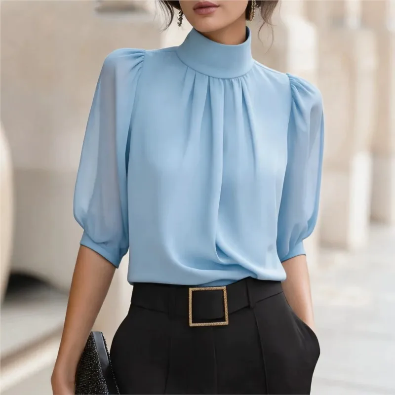 Solid Color High Neck Puff Sleeves Blouse Woman's Spring Summer Fashion Thin Top Elegant Versatile Lady Loose Office Work Shirts