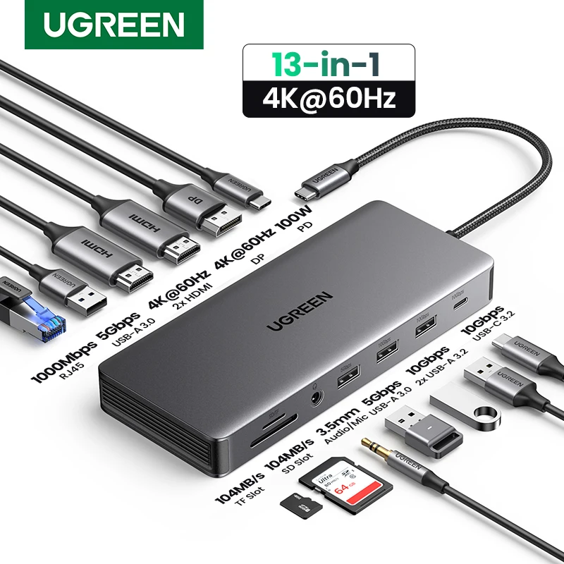 UGREEN-estación de acoplamiento USB C 13 en 1, pantalla Triple 4K, HDMI Dual, 10gbps, HUB USB C, 100W, PD, SD/TF, para MacBook Pro Air, Dell, XPS