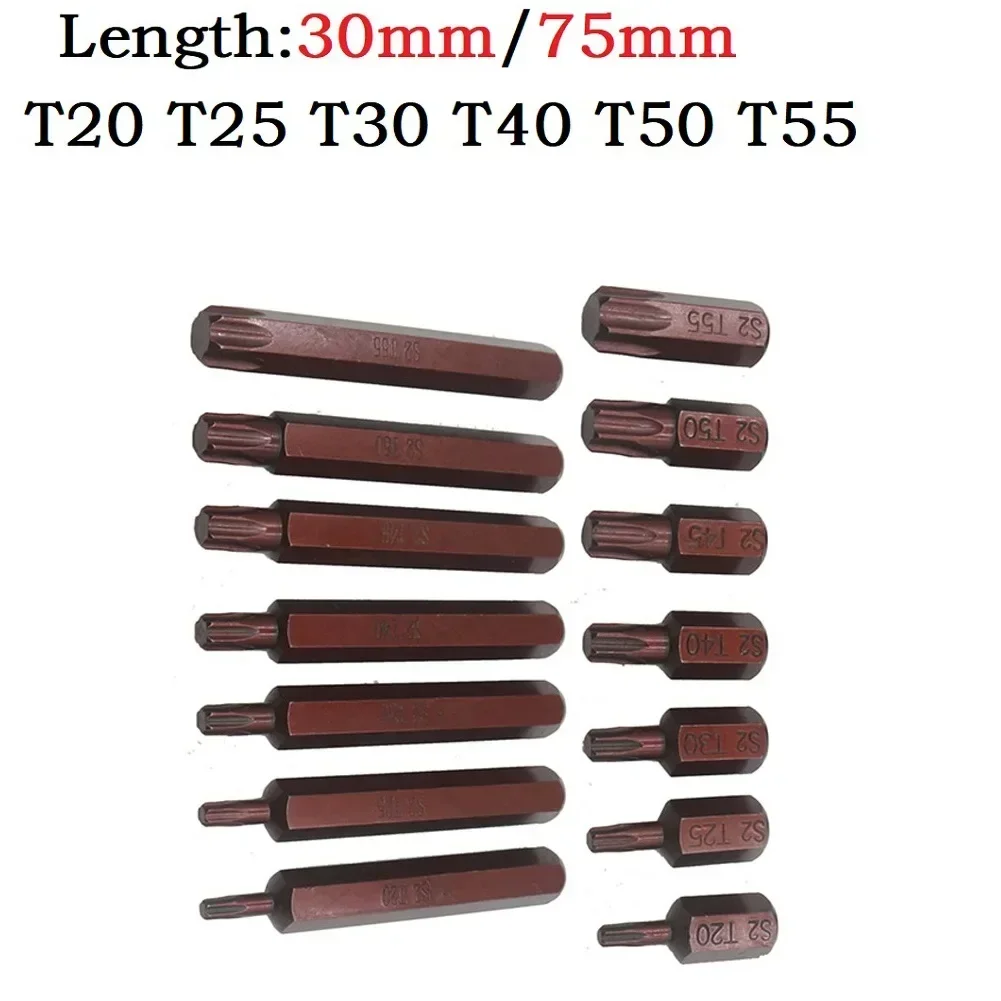 7/1pcs Torx/Star Screwdriver Bits 30mm/75mm Hex Shank T20 T25 T30 T40 T45 T50 T55 Impact-Driver Magnetic Anti Slip Electric Hex