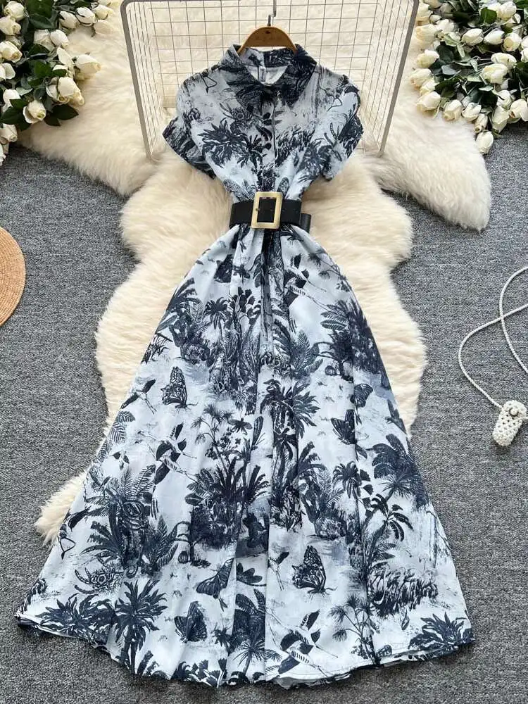

Summer French Retro Dress Women Polo Collar Short Sleeve Strap Single Breasted Printed Evening Party Dresses Ladies Elegant Robe