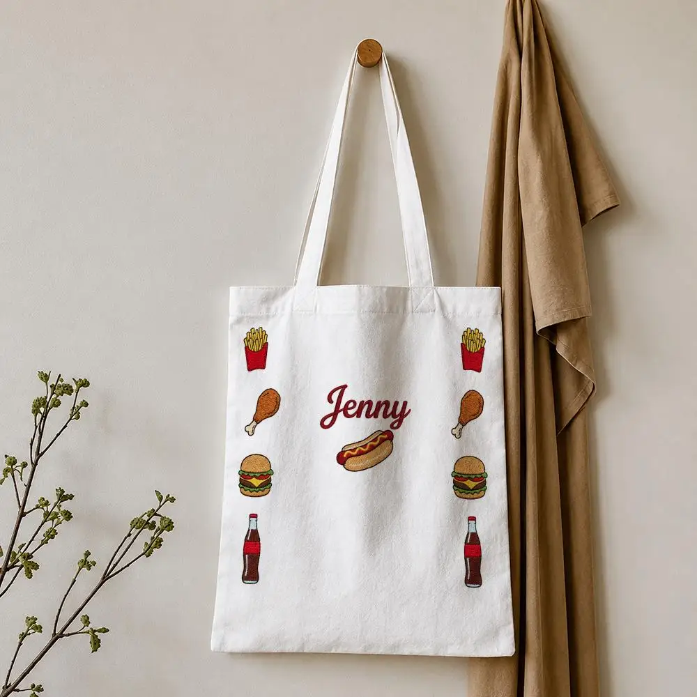 Foodie Embroidery Storage Bags Tote Bag Reusable Shoulder Shopping Foldable For School Work Travel Daily Use